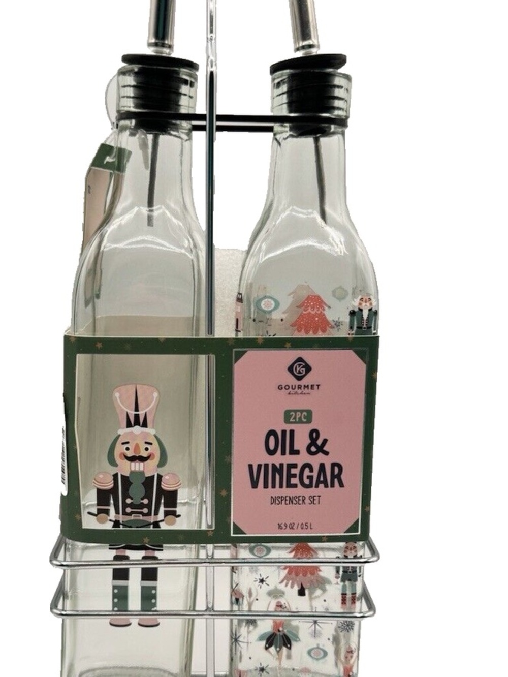 2pc Oil & Vinegar Dispenser Set - Clear Glass with Pink & Green Accents